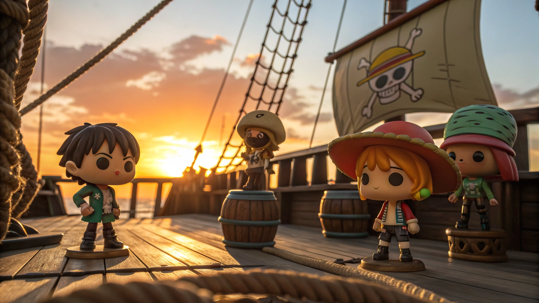 Coleção épica de Funko Pops de One Piece em um navio pirata ao pôr do sol